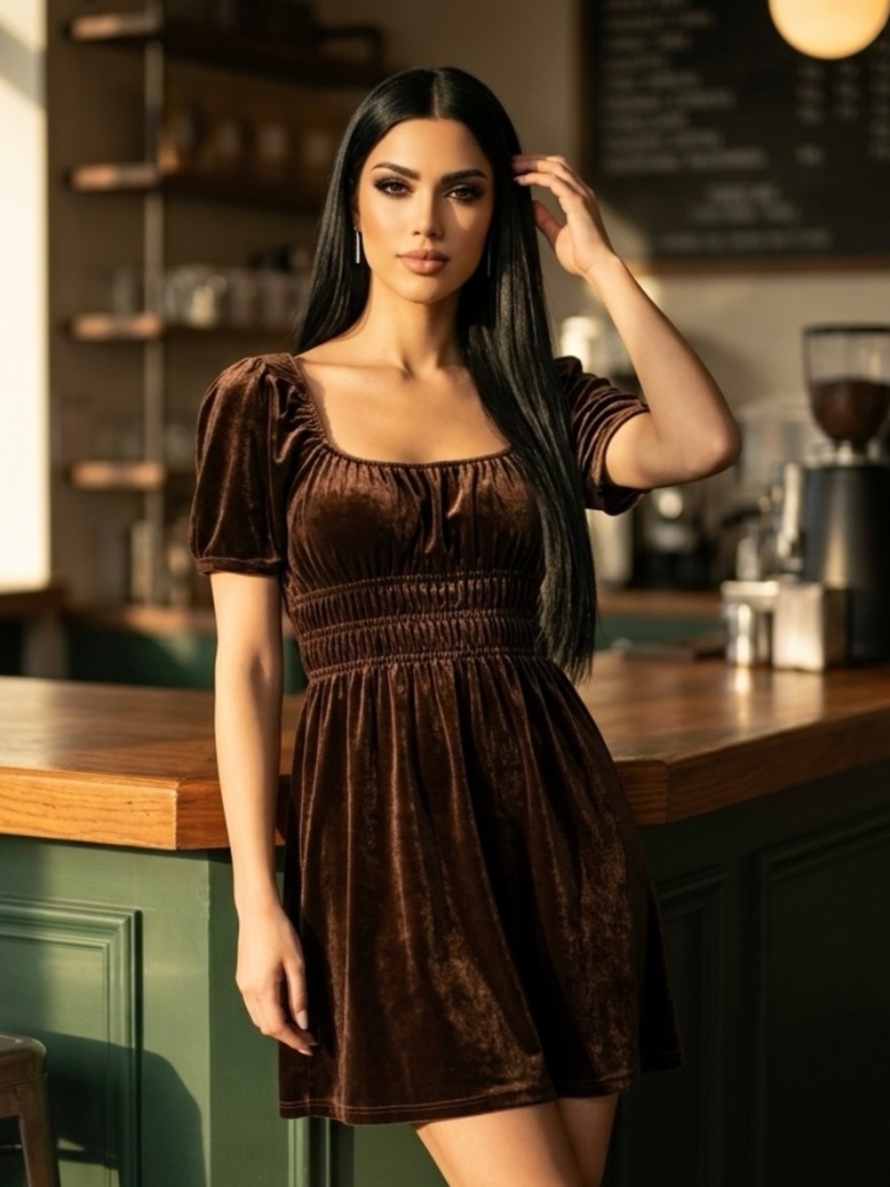 Saltwater Luxe L.A. Coquettegirl Feminine Party Brown Velvet Mini Dress-S